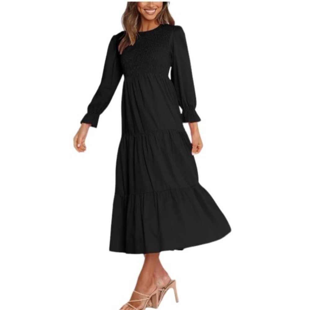 NWT Women's Casual Long Sleeve Dress Crew Neck Smocked Hight Waist Flowy Maxi - Picture 2 of 7